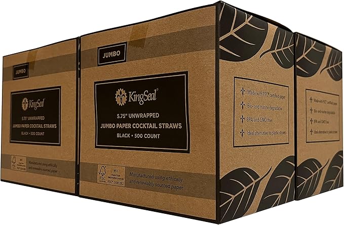 2,000 Count | Kingseal FSC Certified Paper Cocktail Straws, Stirrers, Unwrapped, 5.75 Inch Length x 6mm Diameter, BLACK, "Jumbo" Size, Biodegradable, Earth Friendly, Bulk Pack - 4 Boxes x 500