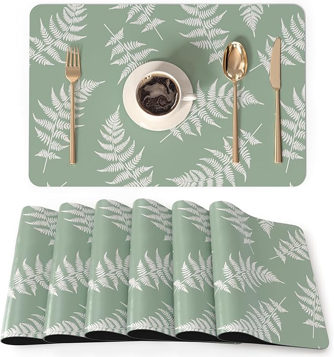 QIYI Placemats Set of 6, 12x18 Inch PU Leather Place Mats for Kitchen Dinning, Heat Resistant Anti Slip Green White Table Mats, Waterproof Wipeable Washable Placemat Party Table Décor, Fern Leaves