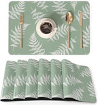 QIYI Placemats Set of 6, 12x18 Inch PU Leather Place Mats for Kitchen Dinning, Heat Resistant Anti Slip Green White Table Mats, Waterproof Wipeable Washable Placemat Party Table Décor, Fern Leaves