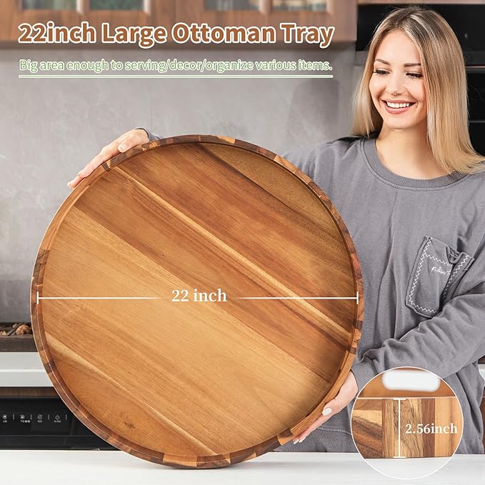Large Ottoman Tray, 22" Big Ottoman Tray for Living Room, Large Serving Tray with Handles for Coffee Table Kitchen Counter,Great Round Wooden Trays with 4 Round Coasters for Appetizers, Dinner