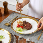vicrays Ceramic Dinner Plates Set, 10 Inch, Set of 6, Round, Dishwasher Safe, NOT Microwave Safe, Suitable for Steak, Pasta, Home, Party, Restaurant（White with Golden）