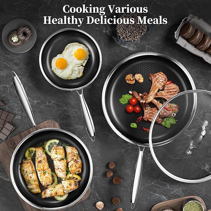 Innerwell Nonstick Titanium Ceramics Stainless Steel Frying Pan Set, 6 Pieces Nonstick Honeycomb Stainless Steel Frying Pan Set, Non Stick Egg Omelet Cooking Pan Set, Induction Compatible, PFAS Free