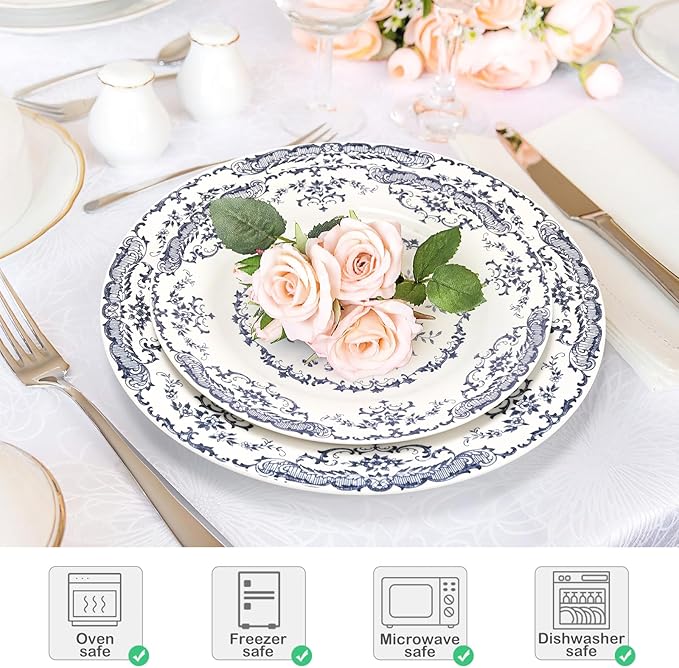 Salad Plates, Ceramic Plates Set of 6, Kitchen Plates Microwave Safe, 8.5 Inch White Plate Dessert Blue Floral