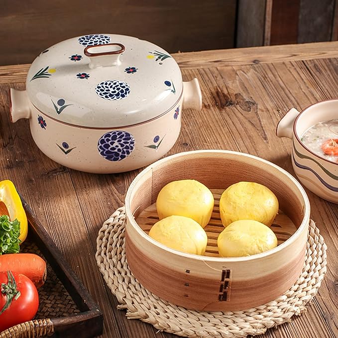Japanese Casserole Pot with Handles for Cooking, Ceramic Casserole Clay Pot Steam Stew Pot with Steamer Basket,B,2.5L