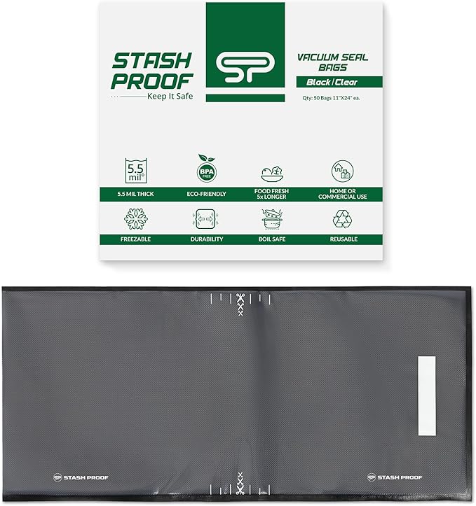 Vacuum Seal Bags 11" x 24" (50 Count) 5.5 Mil, Black and Clear- BPA Free Commerical Grade Food Saver for Storage, Sous Vide, and Meal Prep Sealer Bag