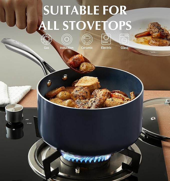 KOCH SYSTEME CS Nonstick Sauce Pan with Lid 1QT & 2QT & 3QT, 6pcs Nonstick Saucepan Set with Cool-Touch Handles, Pot Set with Ceramic Coating, Induction Compatible Sauce Pan, Oven Safe, Gradient Blue