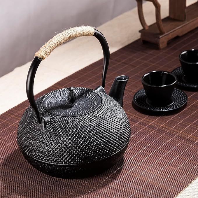 Big Cast Iron Teapot Set with Cups, Japanese Tetsubin Tea Kettle for Stovetop Safe, Cast Iron Tea Set with Tea Strainer for Loose Tea and Enameled Interior (1800ml Teapot Set with Cups)