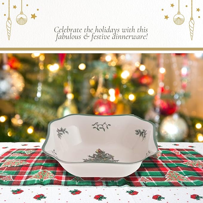 Spode Christmas Tree 9.5-Inch Square Salad Bowl - Ceramic Earthenware Serving Bowl for Salads, Soups, Pasta, and Side Dishes - Festive Holiday Dinnerware with Iconic Christmas Tree Design