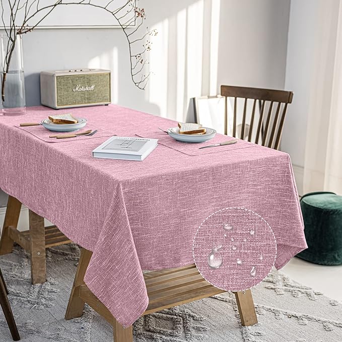 Waterproof Cotton Linen Thick Tablecloths Rectangle Dining Table Cloth, Wipe Clean Indoor & Outdoor Table Cover for Kitchen Party and Banquets, Wrinkle Resistant（54"x70"） Pink