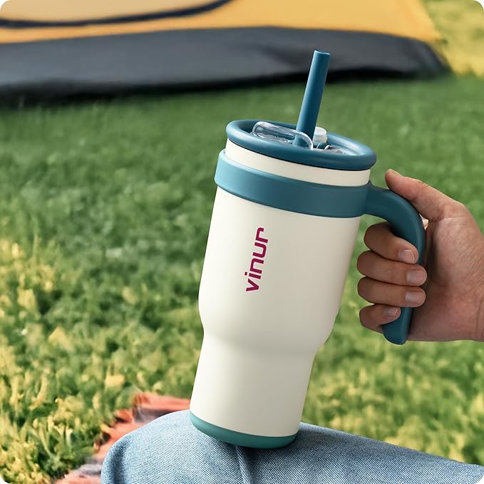 VINUR 30 oz Tumbler with Handle and Straw Lid-Reusable Stainless Steel Insulated Tumbler Cup for Water Coffee, Leakproof Travel Mug with Rubber Base(Cream)