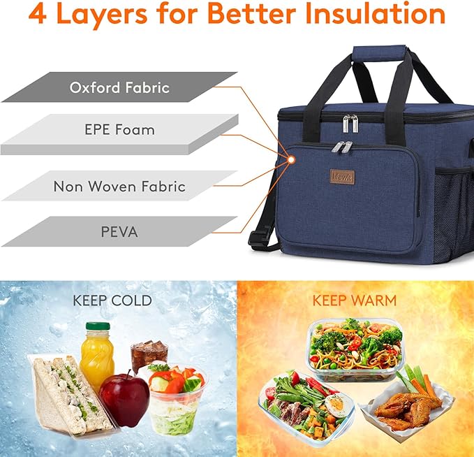 Lifewit Large Lunch Bag Insulated Lunch Box Soft Cooler Cooling Tote for Adult Men Women, Dark Blue 40-Can (24L)
