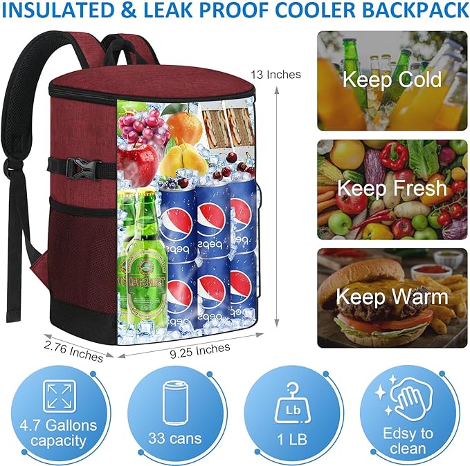Cooler Backpack 33 Cans Backpack Coolers Insulated Leak Proof Soft Beach Cooler Bag for Men Women Ice Chest Backpack Camping Hiking Picnic Travel Cooler Lunch Backpack