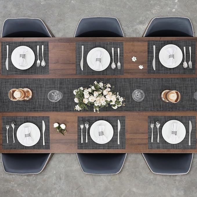 Myir JUN Placemats Set of 6, Vinyl Woven Placemats Place Mats Indoor Washable Table Mats Non-Slip Place mats for Dining Table (Dark Gray-Black, Set of 6)