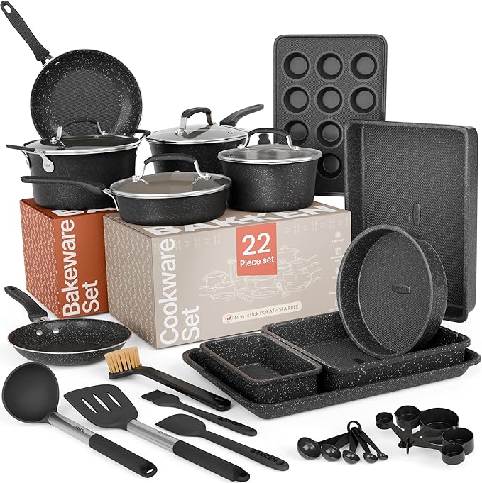Pots and Pans Set, 22-Piece Non Stick Cookware & Bakeware Sets with Plaid Pattern, Stackable Design, Dishwasher Safe, Stain-resistant, Oven & All-Stove Safe, Tempered Glass Lid, Dark Gray