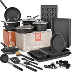 Pots and Pans Set, 22-Piece Non Stick Cookware & Bakeware Sets with Plaid Pattern, Stackable Design, Dishwasher Safe, Stain-resistant, Oven & All-Stove Safe, Tempered Glass Lid, Dark Gray