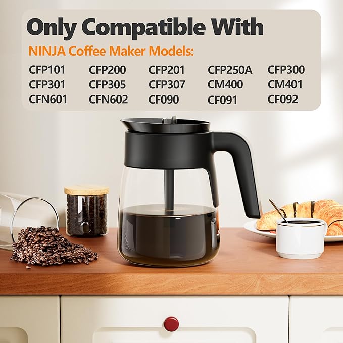 12 Cup Coffee Pot Replacement for Ninja Coffee Maker CFP101 CFP201 CFP301 CFP250A CFP300 CFP305 CFP307 CM400 CM401 CFN601 CF090 CF091 CF092, Glass Carafe for Ninja with Brew-Through Lid