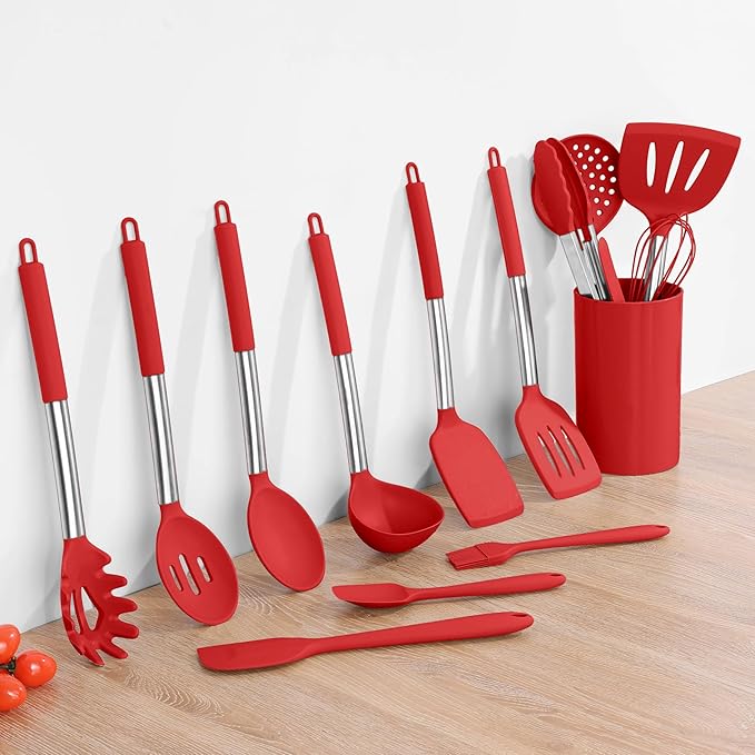 15 Pcs Silicone Cooking Utensils Set, Red Kitchen Utensils Spatula Set with Holder, Large Kitchen Gadgets Tools for Nonstick Cookware