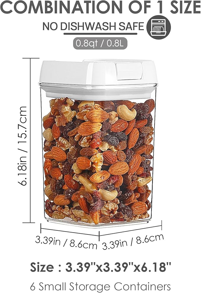 Vtopmart 6 PCS Airtight Food Storage Containers, BPA Free Plastic Snack Containers with Easy Lock Lids, for Kitchen Pantry Organization and Storage, Include 24 Labels, 0.8L