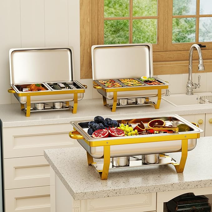 4 Pack Stainless Steel Chafing Dishes for Buffet, 9 QT Capacity 7 Pans Food Warmers for Parties, Weddings, Events Hosting, Family Gatherings, Full Set Catering Server with Serving Utensils Accessories