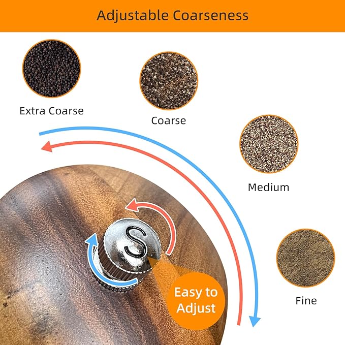 Wooden Salt and Pepper Grinder Set:Pepper Grinder Manual,Adjustable Coarseness,Crafted of Acacia Wood with Ceramic/Stainless Steel Core|Along with Salt&Pepper Mill Tray,Spoon,8in,2pack