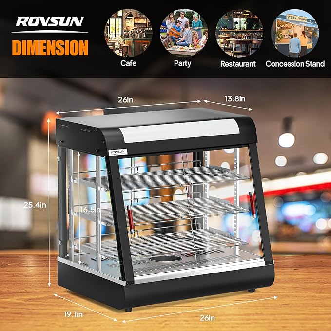 ROVSUN 26" Commercial Food Warmer Display Pizza Warmer, 3-Tier Electric Countertop Food Warmer w/LED Lighting, Adjustable Removable Shelves & Glass Door, Pretzel Warmer for Buffet Restaurant 1200W