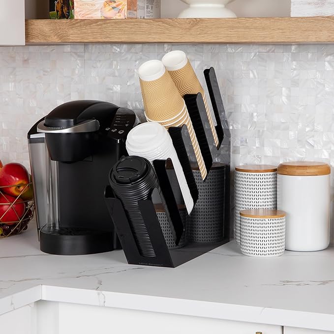 Mind Reader Cup and Lid Dispenser, Countertop Org, Coffee Bar, Beverage Cup, Kitchen, Breakroom, 4"L x 18"W x 16"H, Black
