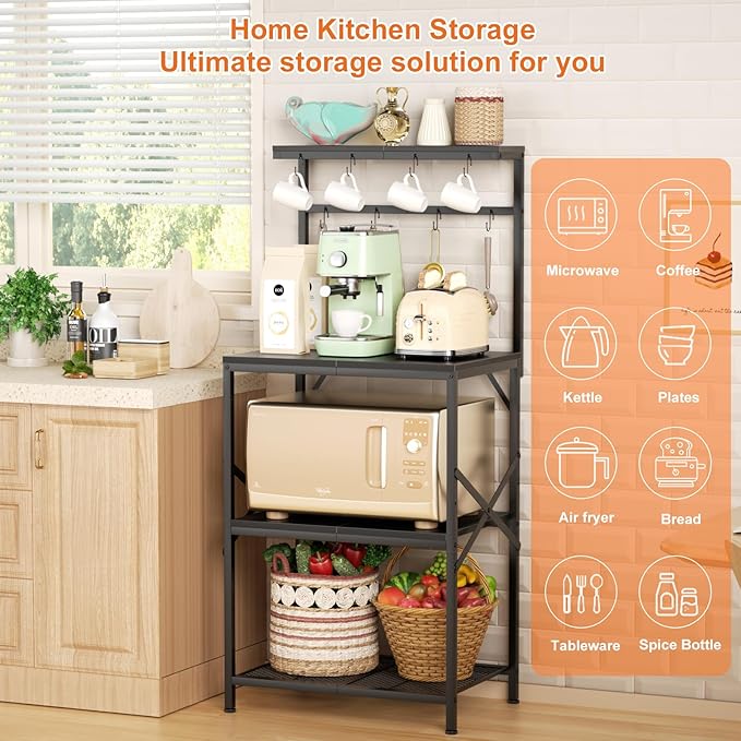 Kitchen Bakers Rack with Storage Shelves, Small Coffee Bar Cart with 8 Hooks, 4 Tiers Microwave Stand Station with Adjustable Shelves, Freestanding Kitchen Appliance Organizer, Black