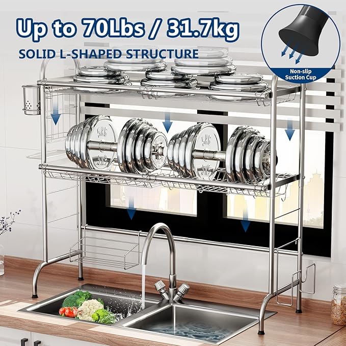 MOUKABAL Dish Drying Rack - Stainless Steel Over The Sink Dish Drying Rack (Expandable Length), 2 Tier Large Dish Rack with Utensil Holder, 32.3" - 33.9"(L) x 11.4"(W) x 32.3"(H) Silver