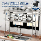 MOUKABAL Dish Drying Rack - Stainless Steel Over The Sink Dish Drying Rack (Expandable Length), 2 Tier Large Dish Rack with Utensil Holder, 32.3" - 33.9"(L) x 11.4"(W) x 32.3"(H) Silver