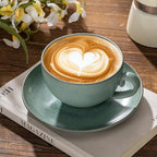 Cup and Saucer Set Turquoise Ceramic Cappuccino Mug Set of 1-10 oz Microwave and Dishwasher Safe, Perfect For Tea, Espresso, Latte - Porcelain Mugs for Kitchen or Cafe