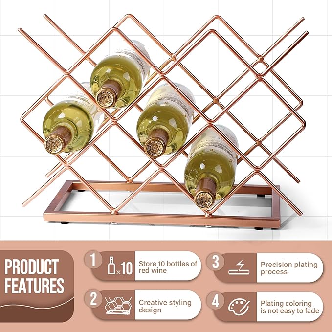 Countertop Wine Rack - 10 Bottle Freestanding Modern Rose Gold Metal Small Wine Rack - Tabletop Wine Holder Stand for Cabinet, Pantry, Wine Bottle Storage…