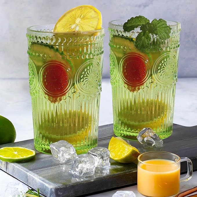 6pcs Vintage Drinking Glasses Set, 12 oz Green Highball Glasses, Embossed Ribbed Glassware Cups for Cocktail, Water, Juice, Coffee, Whiskey