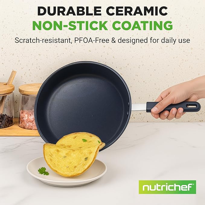 NutriChef 10" Medium Fry Pan - Medium Skillet Nonstick Frying Pan with Silicone Handle, Ceramic Coating, Blue Silicone Handle, Stain-Resistant And Easy To Clean, Professional Home Cookware