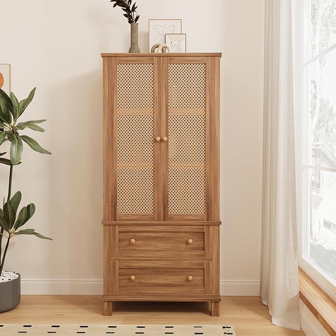 Garvee Pantry Cabinet, 72" Kitchen Pantry Storage Cabinet, Modern Farmhouse Kitchen Cupboard with Large Drawer, 2 Cabinets, 4 Adjustable Shelves, Freestanding Rattan Hutch for Dining Room Living Room