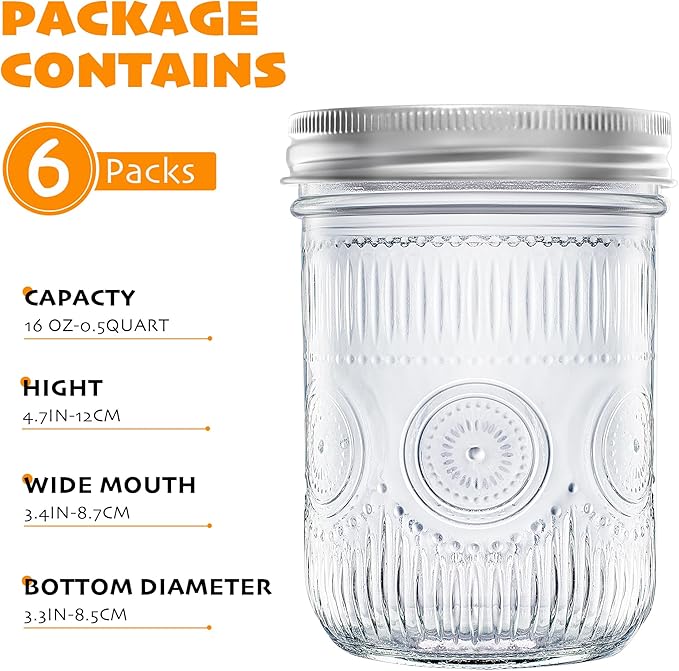 Amzcku 16oz vintage Mason Jars with Lids, Wide Mouth Canning Jar, Safe For Storage, Canning, Pickling, Preserving, Fermenting, DIY Crafts & Decor 6 Pack