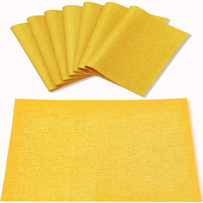 Linen Type Fabric Placemats Set of 8, Machine Washable, Heat Resistant, Wrinkle Free Thick Polyester Kitchen Place Mats for Dining Table (Yellow)