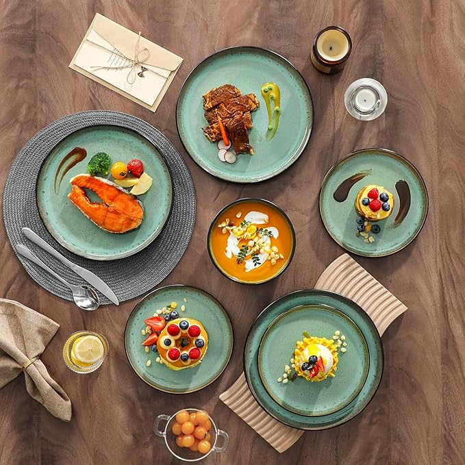 vancasso Plates and Bowls Sets, 24 Pieces Stoneware Dinnerware Sets for 8, Kitchen Dish Set Mircowave and Dishwasher Safe Ceramic Dishware, Turf Green, Series AMBER
