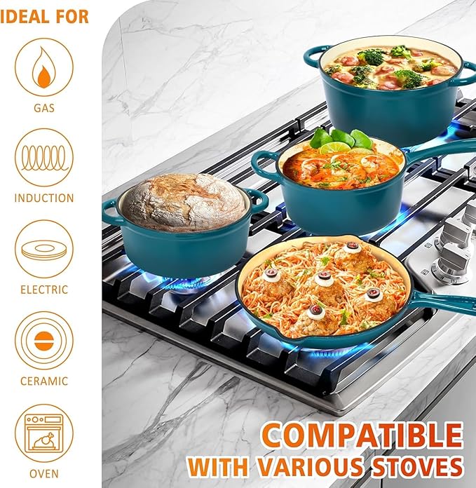 Hisencn Enameled Cast Iron Cookware Set - 7 Piece Dutch Ovens Set, Sauce Pan, Skillet, 3 Lids, Pots and Pans Set, Ceramic Coated Cast Iron, Heavy Duty, Gas/Induction Compatible, PFA Free