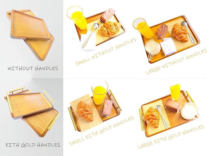 Bamboo Serving Tray with Gold Handles - Large Wood Serving Tray for Breakfast in Bed, Coffee Table, Dinner & bar - Decorative Bed Table Tray for Kitchen or Bedroom（14" x 9.5" x 2"）