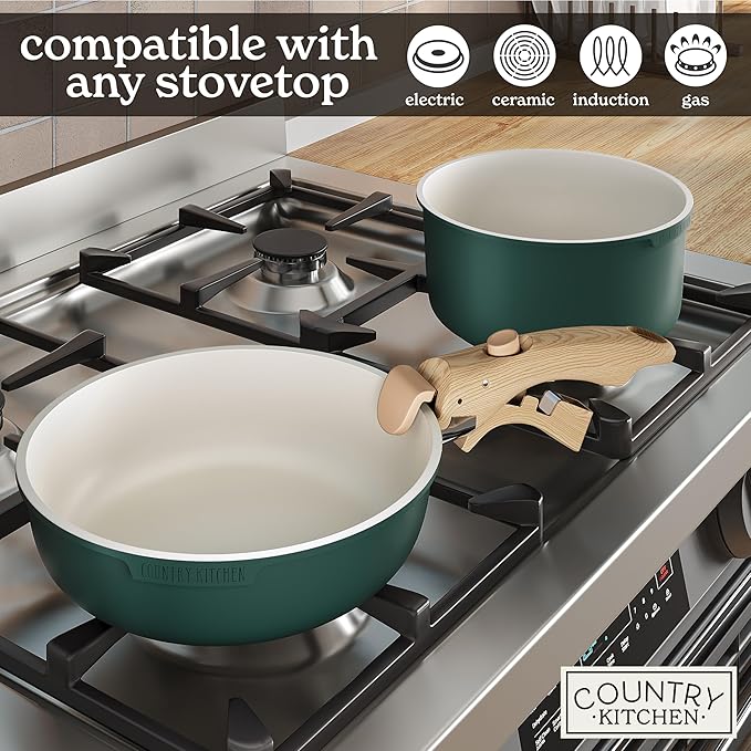 Country Kitchen Cookware Set with Removable Handle, Oven & RV Safe Pots and Pans Set, Sage Wood Handle, Original