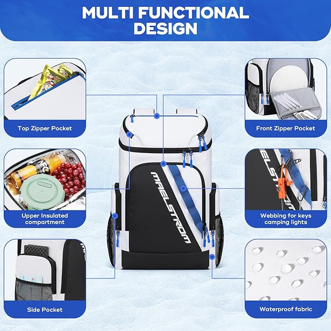 Maelstrom Backpack Cooler,36 Can Cooler Backpack,Soft Cooler Bag Insulated Leakproof,Lightweight Ice Chest Backpack,Travel Cooler Lunch Backpack for Camping,Hiking,Beach,White