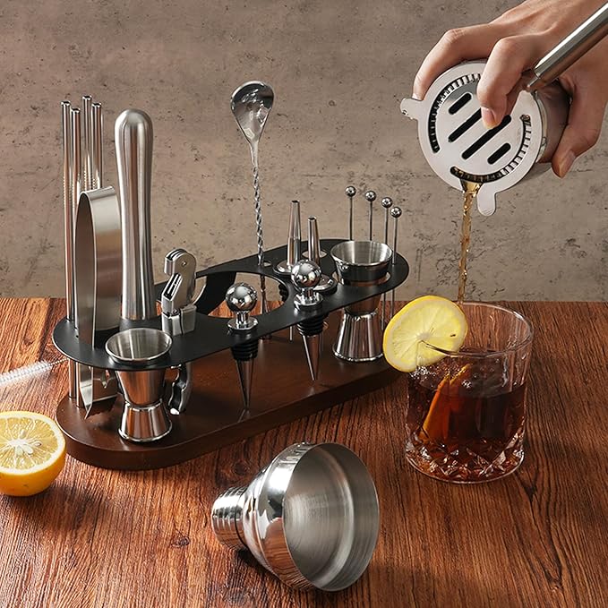 Cocktail Shaker Set Bartender Kit with Stand | 23-Piece Bar Set Drink Mixer Set with All Essential Bar Tools: Martini Shaker, Jigger, Strainer, Spoon, Muddler, Pourers, for Home, Bar, Party