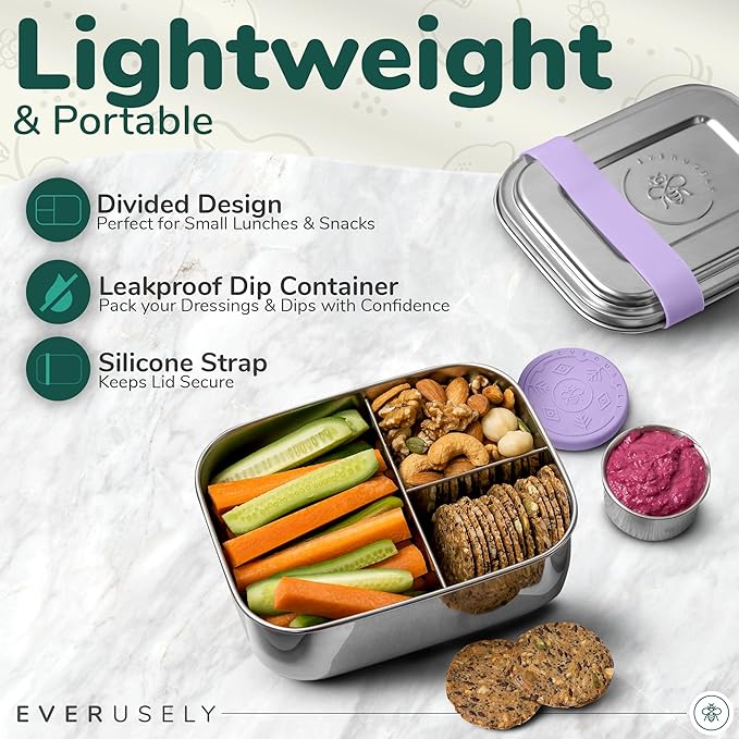 Everusely - Bento Box - Lavender, 27oz / 0.8 L - Stainless Steel Lunch Box with Leakproof Condiment Container - 3 Compartment Snack Organizer for On the Go Meals - Freezer & Dishwasher Safe