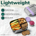 Everusely - Bento Box - Lavender, 27oz / 0.8 L - Stainless Steel Lunch Box with Leakproof Condiment Container - 3 Compartment Snack Organizer for On the Go Meals - Freezer & Dishwasher Safe