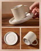 famiware Star Espresso Cups and Saucers Set of 4, [ Mini ] 3 oz Ceramic Small Coffee Mug with Handle, Ribbed Stoneware Demitasse Cup for Tea, Latte - Microwave & Dishwasher Safe - Cappuccino White