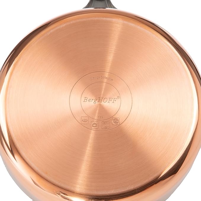 BergHOFF Vintage 5Pc Tri-Ply Copper 18/10 Stainless Steel Cookware Large Sized Set With Matching Lids, Polished, Long Ergonomic Shaped Handle, 3-layer Base, Gold
