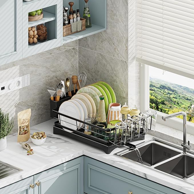 Dish Drainer, Anti-Rust Dish Rack for Kitchen Counter, Large-Capacity Dish Drying Rack with Cutlery & Cup Holder, 12" D x 15" L, Stainless Steel, Black