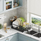 Dish Drainer, Anti-Rust Dish Rack for Kitchen Counter, Large-Capacity Dish Drying Rack with Cutlery & Cup Holder, 12" D x 15" L, Stainless Steel, Black