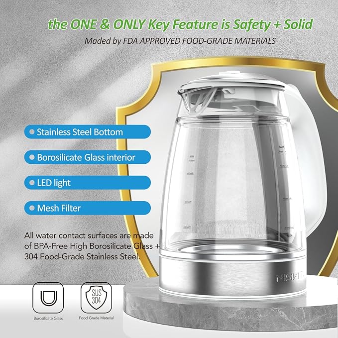 Glass & Stainless Steel Cordless Electric kettle for boiling water, Hot water boiler Electric Tea Kettle automatic shut off Boil-Dry Protection, PC Outer + Glass Inner, 1500W, 1.7L, WH