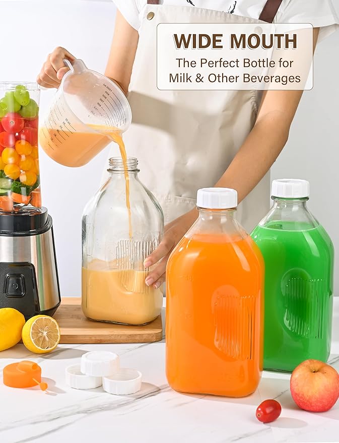 2QT Heavy Duty Glass Milk Bottle with Lid,2Pack 64oz Glass Milk Jug with Reusable Airtight Screw Lid,Bottles for Juice,Water,Oat or Plant Milks
